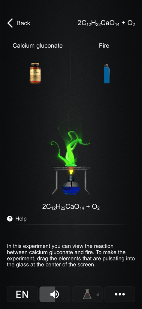 A virtual chemistry experiment simulating the reaction of calcium gluconate with fire