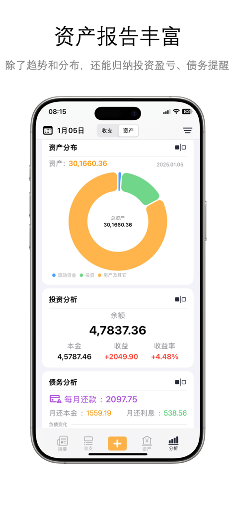 明白记账 - Mingbai Jizhang asset distribution donut chart and investment analysis report