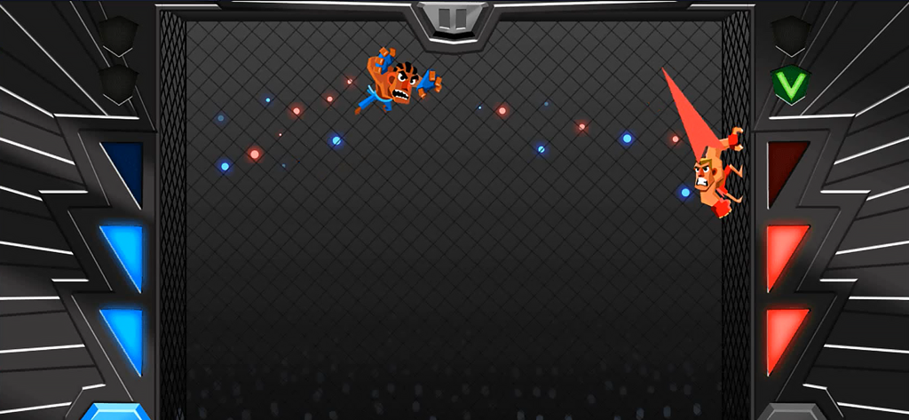 UFB 2: Wrestle & Boxing Games - Two cartoonish MMA fighters leaping in a cage arena during a match in UFB 2