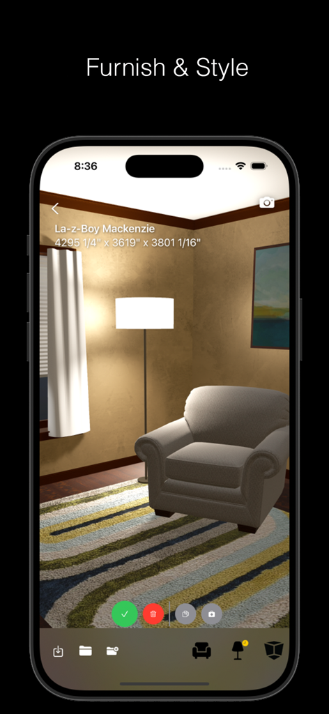 Room Genie 6D Design Simulator - Room Genie 6D Design Simulator app interface showing an armchair and lamp in a 3D virtual room