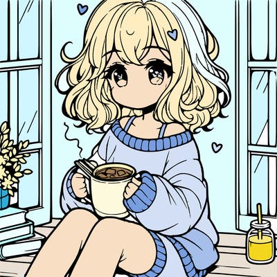 cute anime girl reading book and drinking hot chocolate from mug with loose wavy hair wearing a baggy sweatshirt and shorts sitting by windowsill looking out