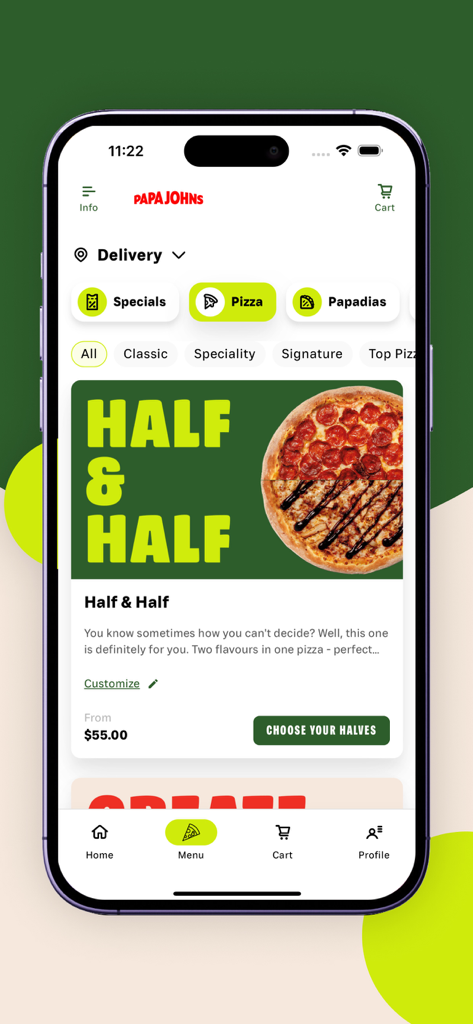 Papa Johns Pizza Trinidad mobile app menu showing pizza categories and a Half and Half offer on an iPhone