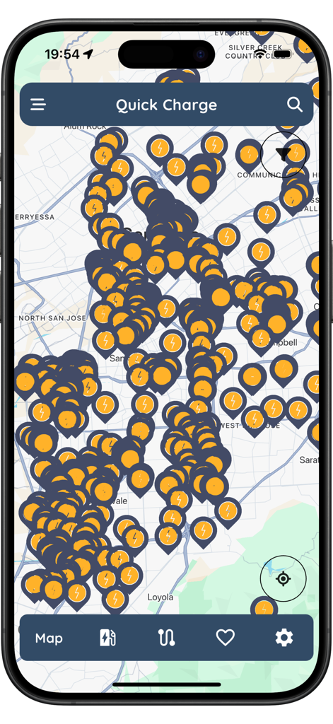 QuickCharge: EV Charging Map - Vista del mapa de estaciones de carga para vehículos eléctricos en la interfaz de la aplicación QuickCharge