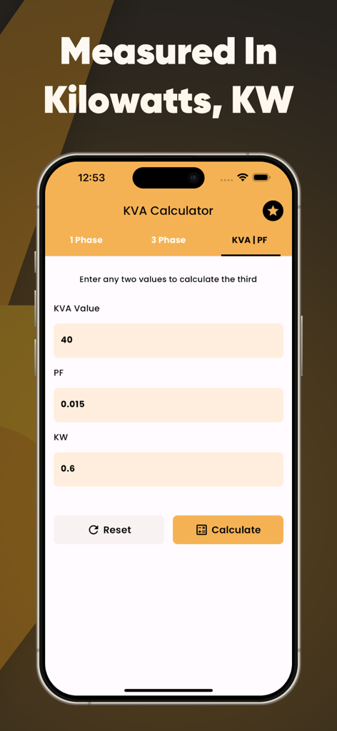 Interfaccia dell'app Calcolatore kVA che calcola i kilowatt dal fattore di potenza e dai kVA.
