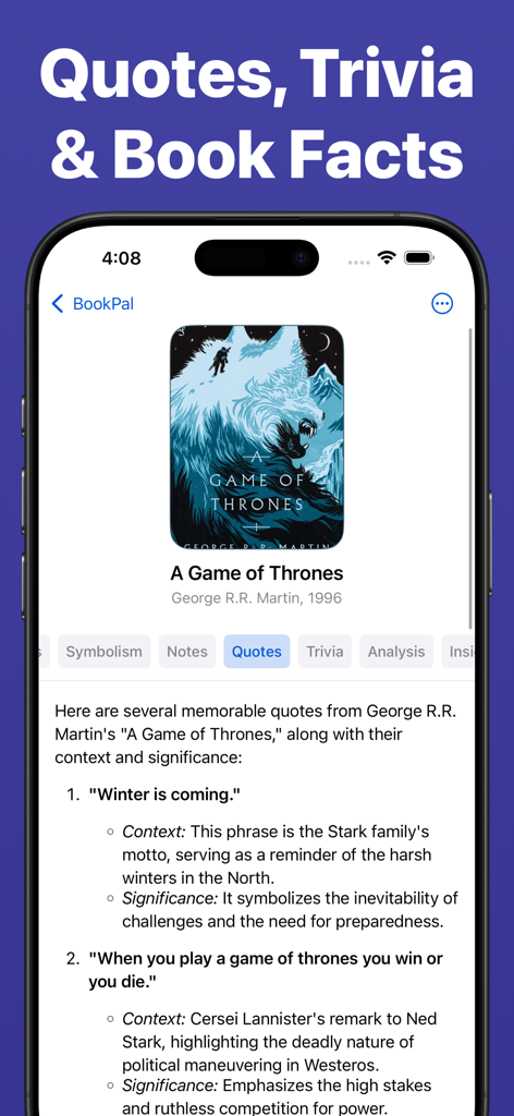 AI Book Summaries - BookPal - BookPal app interface displaying memorable quotes and trivia for A Game of Thrones