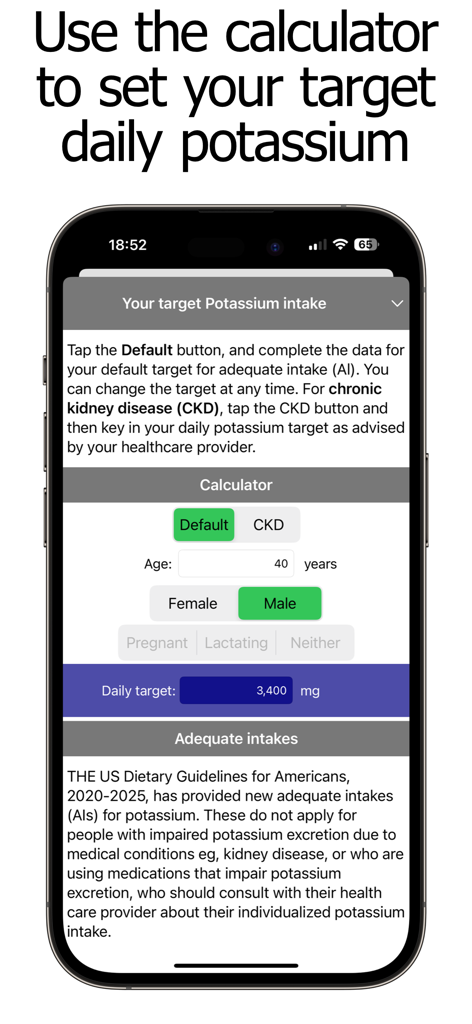 Potassium intake calculator for setting daily targets based on age and health status