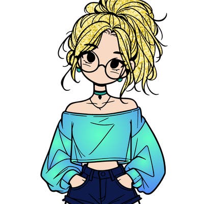 girl with a messy ponytail glasses a baggy crop top and jean shorts