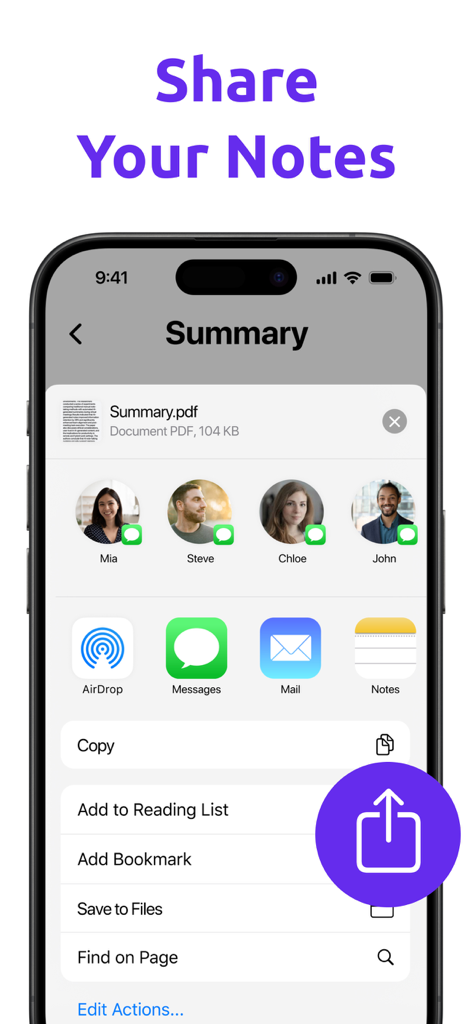 Interfaz de la aplicación móvil mostrando opciones para compartir un resumen en PDF de notas con contactos y otras aplicaciones.