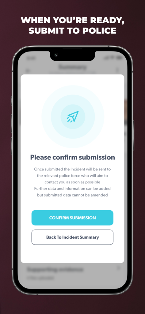 Injury Capture - Injury Capture app screenshot showing a confirmation dialog to submit incident evidence to the police.
