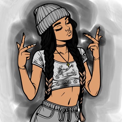 realistic teenage girl with braids and a beanie and crop top doing 🫶🏼