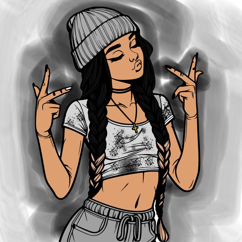 realistic teenage girl with braids and a beanie and crop top doing 🫶🏼