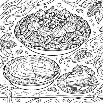 Delight in the rich details of these mouth-watering chocolate cream pies, ready for your artistic touch. This delicious design features whole pies and a perfect slice, surrounded by cocoa elements, offering a sweet escape into coloring.