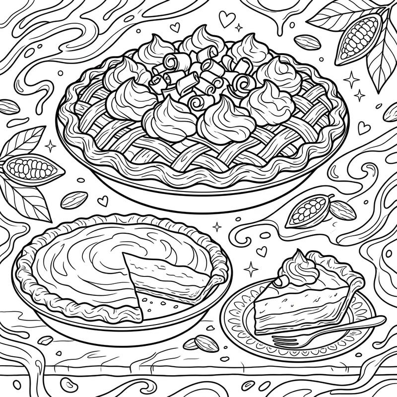 Delight in the rich details of these mouth-watering chocolate cream pies, ready for your artistic touch. This delicious design features whole pies and a perfect slice, surrounded by cocoa elements, offering a sweet escape into coloring.