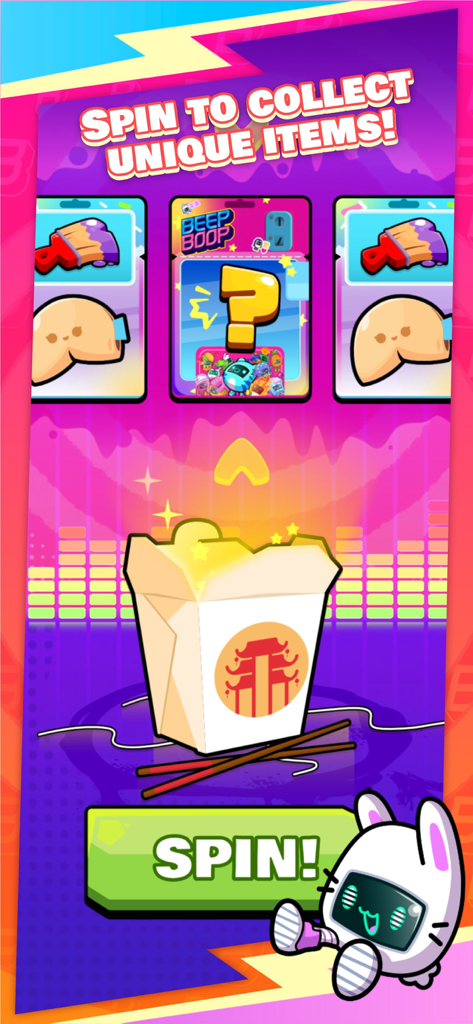 Mobile game screen showing a spin to collect mechanic with a glowing takeout box and unique items