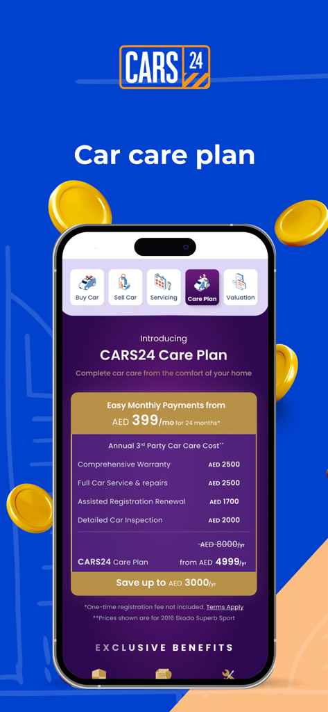 CARS24 UAE: Used cars, Drivers - CARS24 UAE app interface showing car care plan features including monthly payments and service benefits