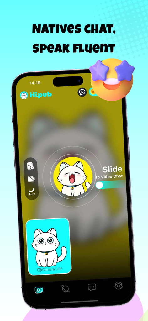 Hipub - Uma tela de smartphone exibindo a interface do aplicativo Hipub com um recurso para conectar e conversar com falantes nativos para praticar idiomas.