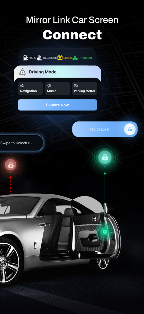 CarLink:Mirror Link Car Screen - CarLink mobile app interface showing remote lock and unlock features for a car