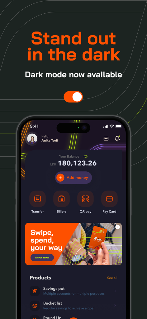 Tableau de bord de l'application bancaire mobile FriMi en mode sombre affichant le solde du compte et les options de transaction