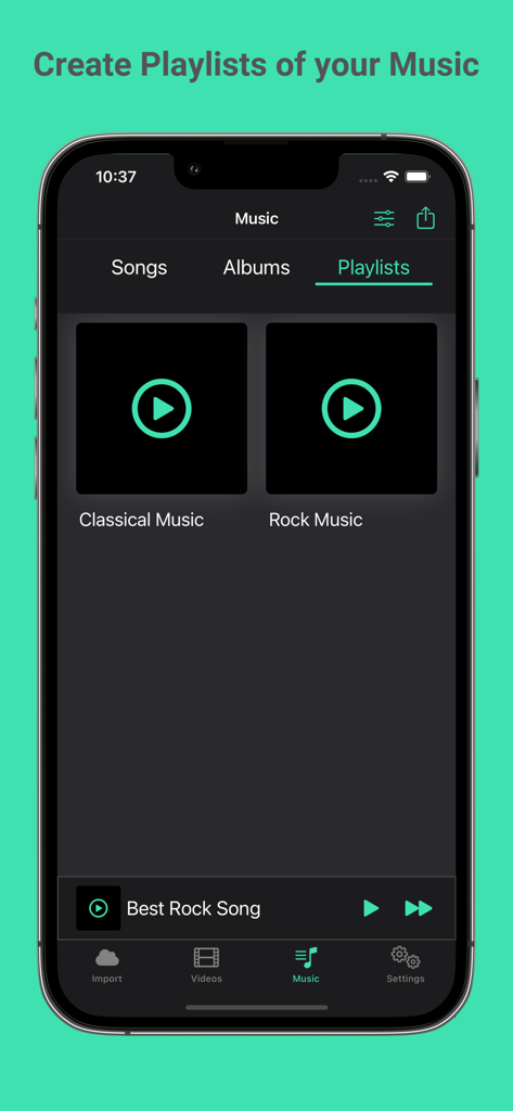 OfflineMedia - Files Player - Interfaz de la aplicación OfflineMedia mostrando la sección de listas de reproducción de música con carpetas de música clásica y rock.