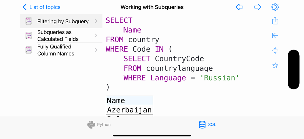 Fragmento de código SQL para filtrar por subconsulta en la interfaz de la aplicación Python y SQL Pro.