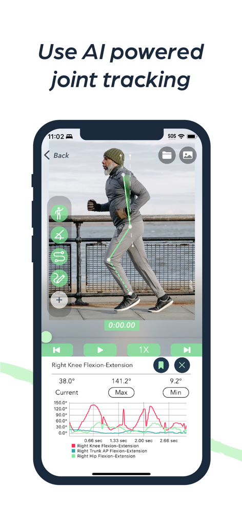 Yogger: Movement Analysis App - Yogger app interface showing AI-powered joint tracking and biomechanical data for a runner.
