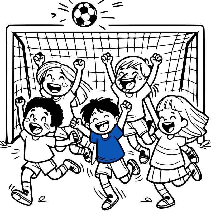children group of players celebrating a goal together.