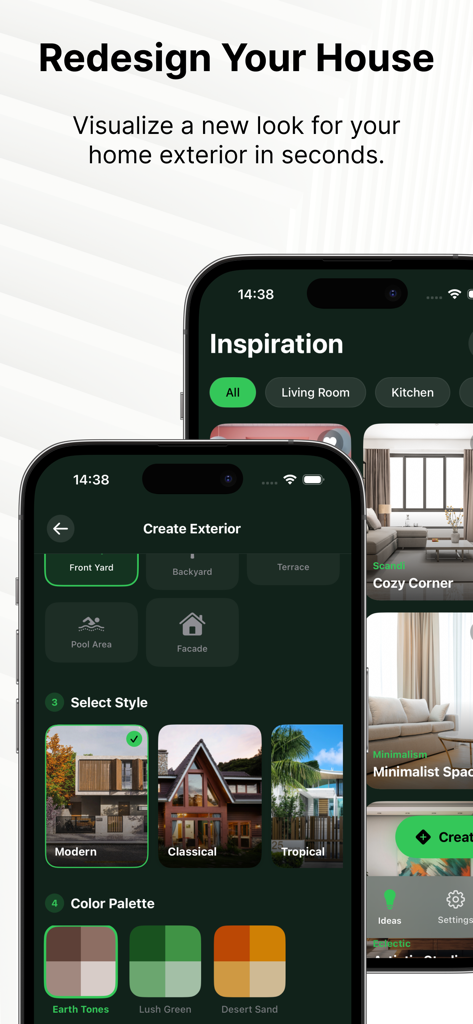 Renova AI app interface showing house exterior design options style selection and color palettes