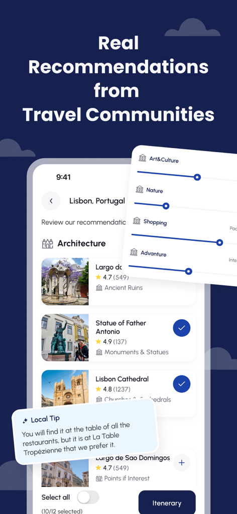 JRNEY - AI Trip Planner - JRNEY app interface displaying travel recommendations and local tips for Lisbon