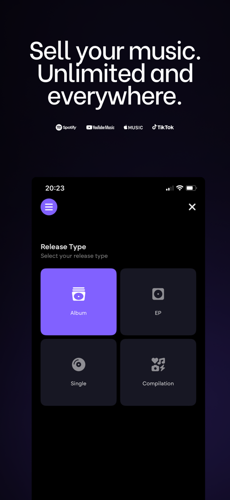 Too Lost: Music Distribution - Sélection d'un type de sortie comme Album ou Single dans l'interface de l'application de distribution musicale Too Lost.