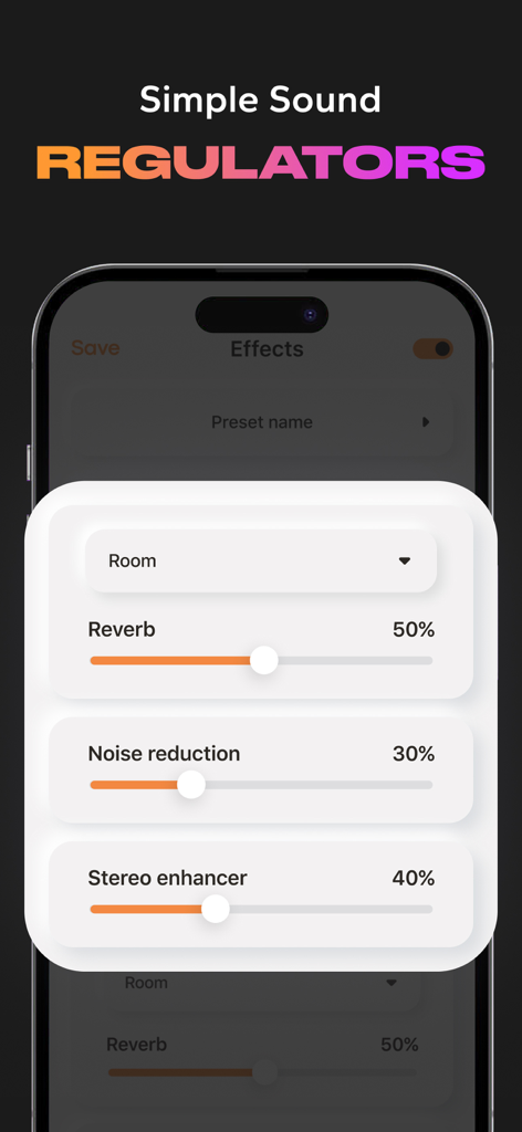 Interface showing audio effect regulators for reverb and noise reduction