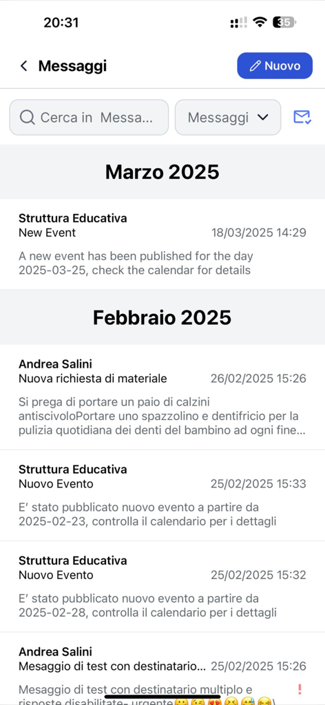 Easy Family - A screenshot of the Easy Family app message center showing a list of school notifications and event announcements
