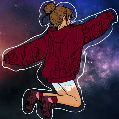 realistic girl jumping with a bun and oversized sweatshirt