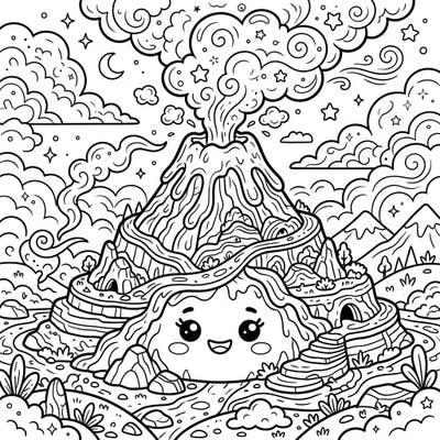 Unleash your creativity with this adorable Kawaii Stratovolcano coloring page. This charming design features a friendly, smiling volcano surrounded by a fantastical landscape, ready for your vibrant touch.