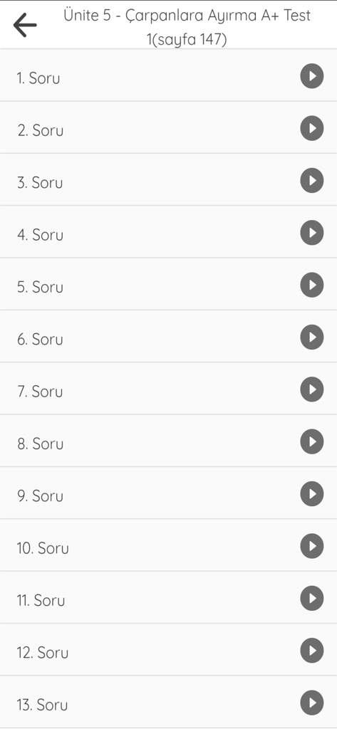 Acil Video Çözüm - Numbered list of math questions with play buttons for video solutions.