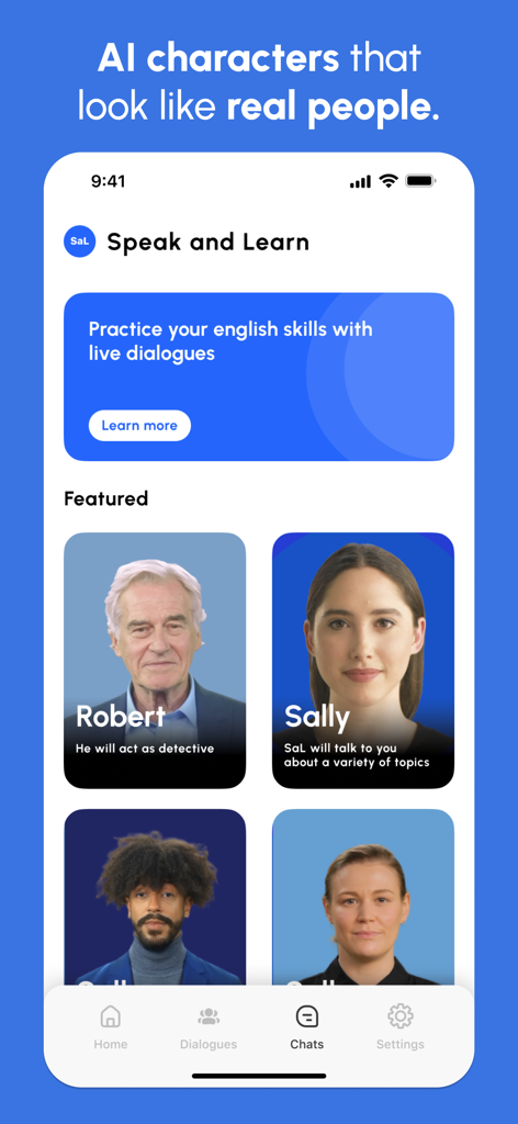 Featured AI avatars for English conversation practice in the Speak and Learn app