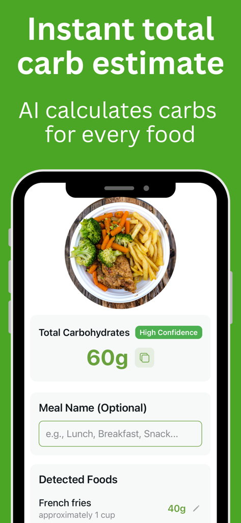 CarbCountAI - CarbCountAI app interface showing a meal photo with an instant carbohydrate estimate of sixty grams.