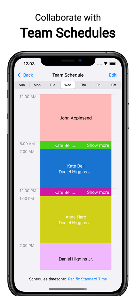 Interface of MySecondLine app showing a team schedule with assigned time slots for multiple team members