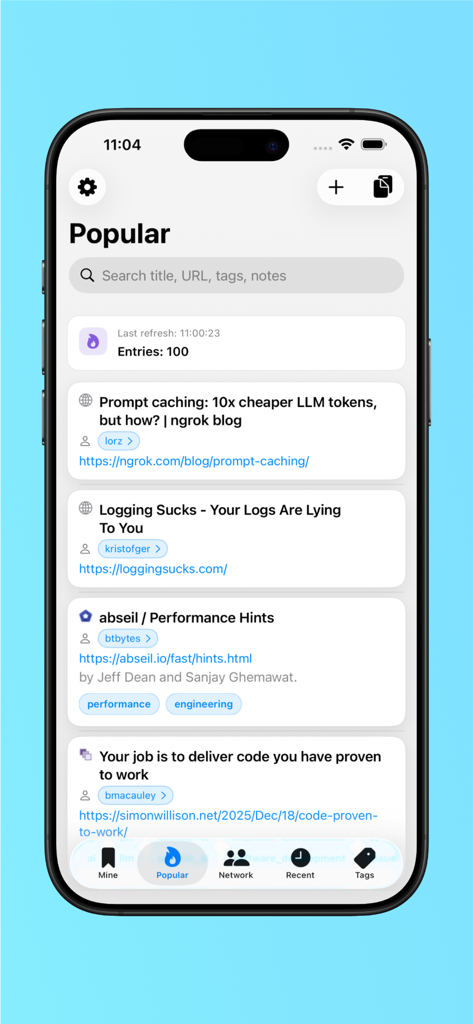 Pinmate for Pinboard - The popular bookmarks feed in the Pinmate app for Pinboard showing tech articles on iPhone