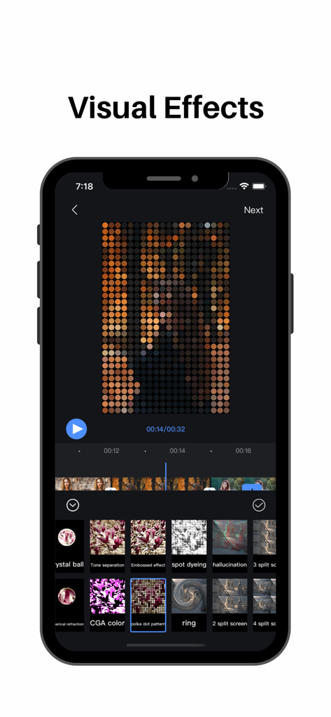 Video Editor : Video Maker，Cut - Pantalla de smartphone que muestra la interfaz de una aplicación de edición de vídeo móvil con un efecto de patrón de lunares y varias opciones de filtro