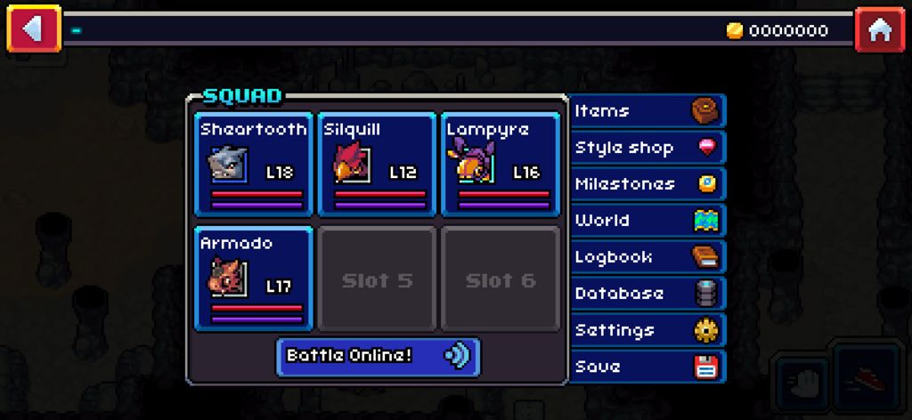 Coromon squad menu interface showing creature team levels and game options
