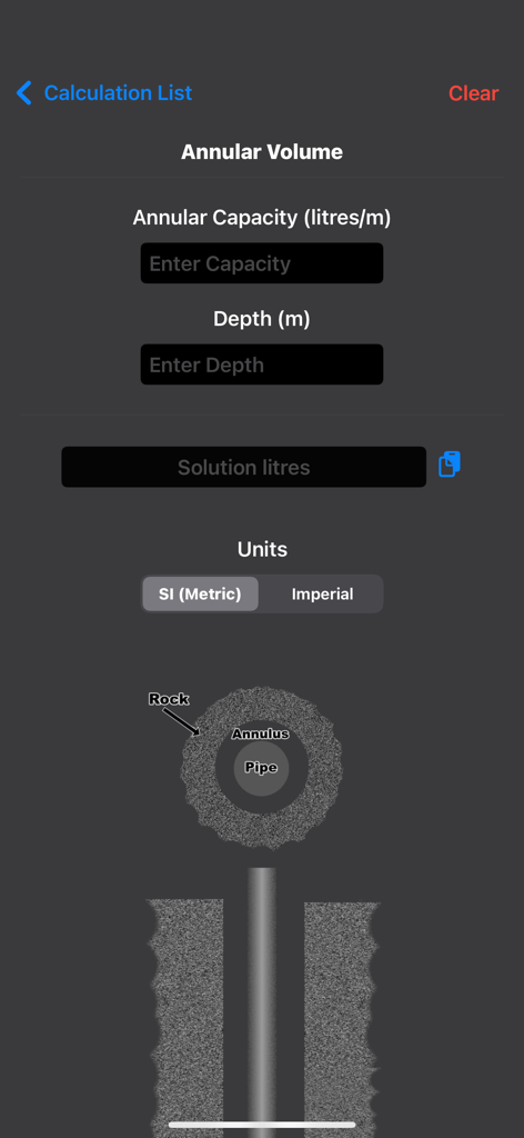 Petroleum Field Calculator - Annular volume calculation screen with SI metric units and a wellbore diagram