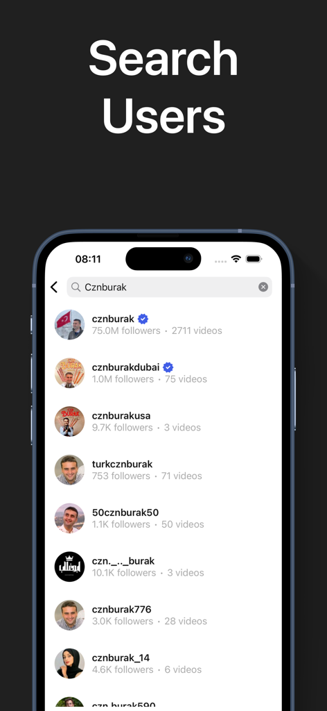사용자 목록이 있는 사용자 검색 기능을 보여주는 HopTik 앱 화면