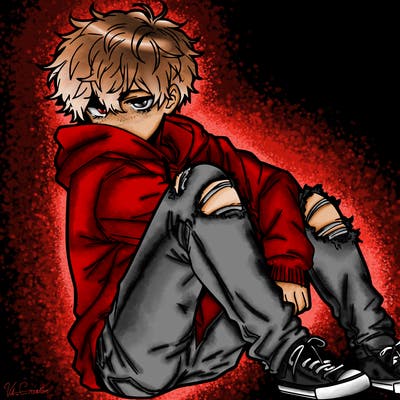 a male hoddie ripped jeans messy hair anime