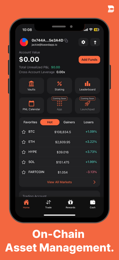 Dashboard móvel do BasedApp para gerenciamento de ativos on-chain e rastreamento de portfólio de cripto