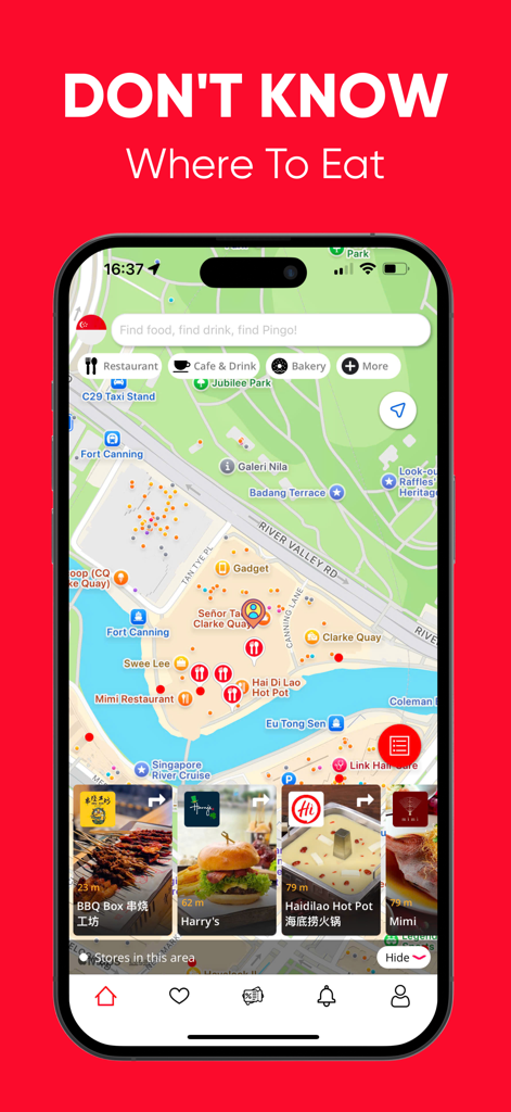Pingo - Pingo mobile app interface showing a restaurant discovery map with local dining suggestions and food photos