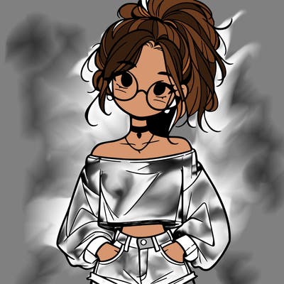 girl with a messy ponytail glasses a baggy crop top and jean shorts