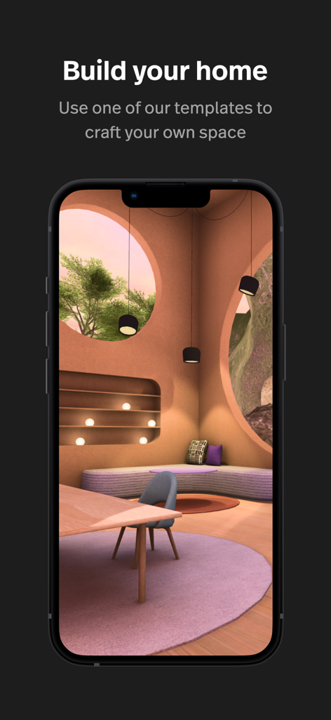 Spatial - A high-fidelity 3D virtual home interior within the Spatial app showing modern furniture and large circular windows