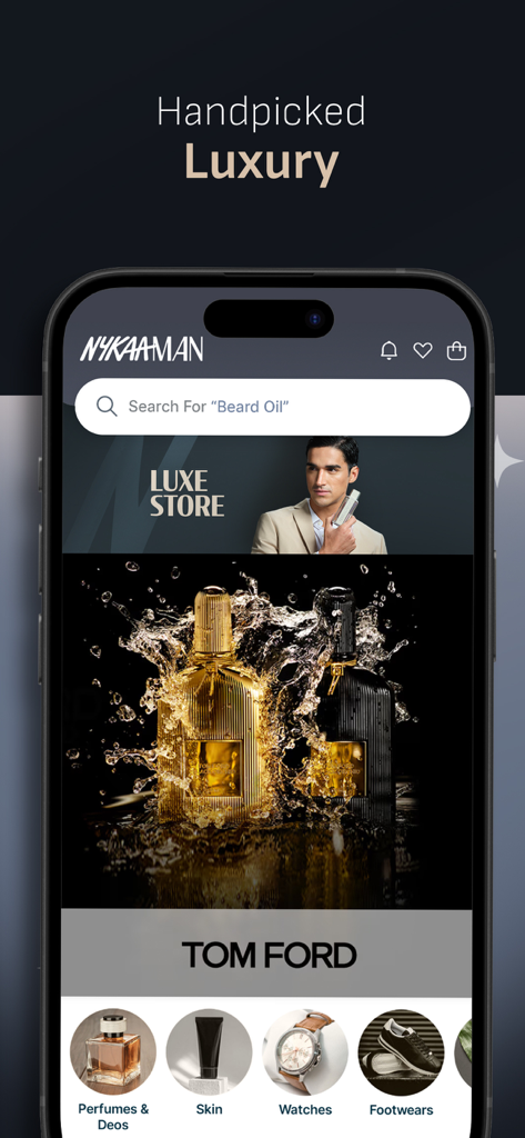 Nykaa Man-Men's Shopping App - Nykaa Manモバイルアプリ。Tom Fordのフレグランスを含む、厳選された高級ストアが特集されています。