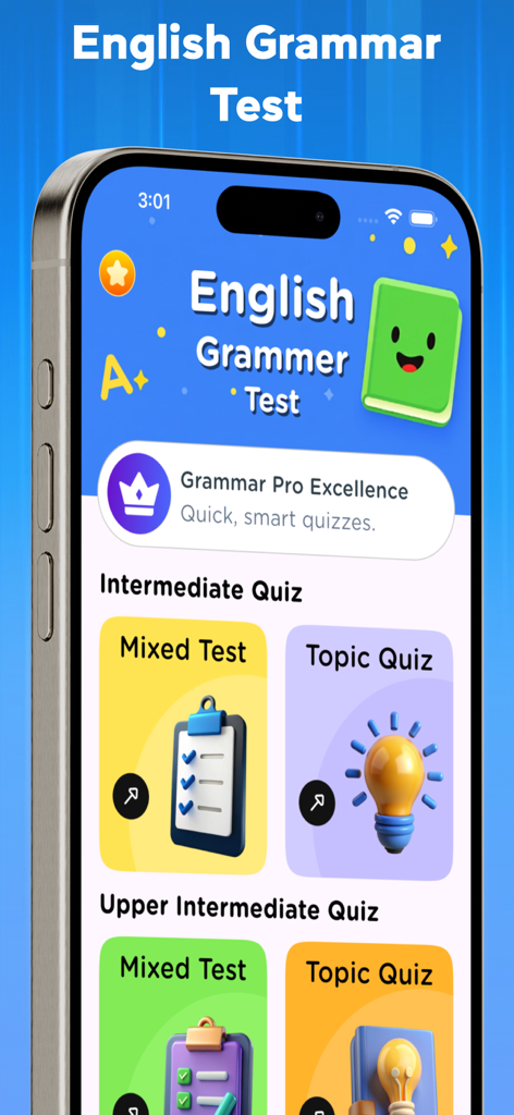 English Grammar Test 2025 - The main interface of the English Grammar Test app on an iPhone showing different quiz levels like intermediate and upper intermediate