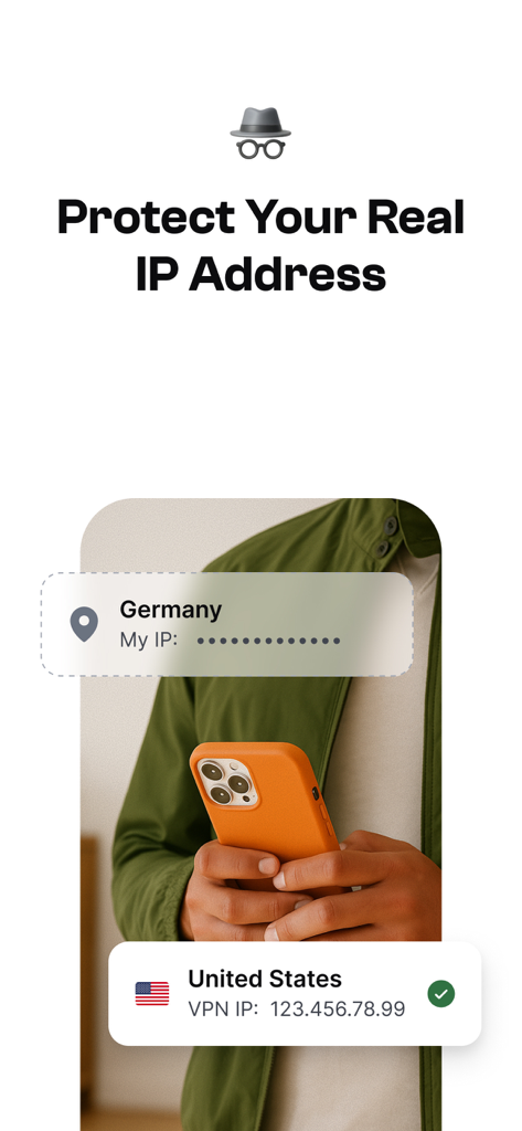 Interfaz que muestra protección de dirección IP real con una conexión VPN a Estados Unidos